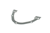 Curved metal automotive gasket with multiple mounting holes for German car engine parts.
