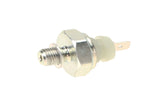 Silver metal pressure sensor with threaded connector and electrical terminal.