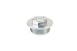 Silver metal hex head oil drain plug for German auto engine maintenance.