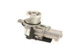 Silver metal automotive engine part with black plastic connector and labeling