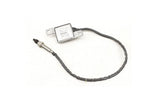 Automotive oxygen sensor with electrical wiring and mounting bracket on white background.