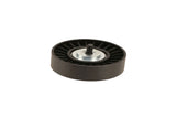 Black automotive serpentine belt pulley with central bolt and washer