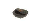 Black automotive windshield washer fluid reservoir cap with orange symbol