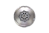Silver European car flywheel with ring gear and central mounting hub
