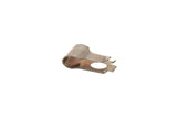 Small curved metal automotive clip or fastener component on white background