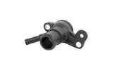 Black plastic engine coolant flange with hose connector and mounting holes