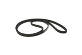 Black rubber timing belt for European car engines on a white background