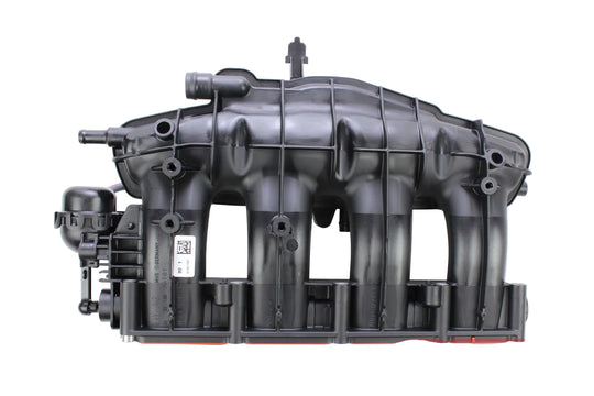 Black OEM intake manifold for a vehicle, featuring various connectors and a throttle body.