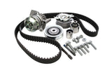 European car timing belt kit with tensioners, pulleys, and mounting bolts
