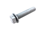 Silver metal hex head bolt with washer on white background