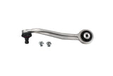 Silver automotive control arm with ball joint and mounting nuts on a white background