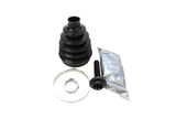 CV axle boot kit with rubber bellows, metal clamp, bolt, and assembly grease.