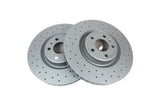 Pair of high-performance drilled brake rotors for European vehicle maintenance.