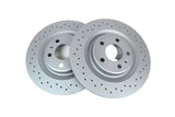 Pair of drilled and slotted ventilated brake rotors for European vehicle maintenance.