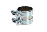 Two stainless steel worm gear hose clamps for automotive fluid line connections.
