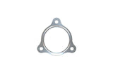 Silver metal automotive gasket with three mounting holes on a white background.