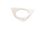 Triangular metal automotive gasket with three mounting holes on a white background.
