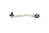 Silver automotive suspension control arm with rubber bushings on a white background