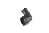 Black plastic L-shaped engine coolant hose connector for European cars