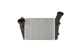 Aluminum automotive radiator core with black plastic side tanks and inlet/outlet ports