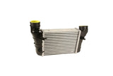 Intercooler assembly with black housing and aluminum fins for German auto performance.