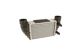 Aluminum intercooler with black plastic end tanks for German auto engine performance