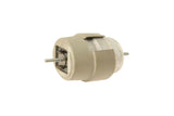Small electric motor with silver metal casing and protruding shaft