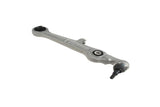 Silver metal automotive control arm with ball joint for German vehicle suspension.