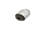 Silver metal automotive suspension bushing with black rubber inserts on white background.