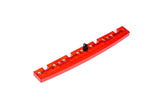 Red transparent automotive fuse holder for VW Audi Porsche, featuring multiple slots and a black clip on white background.