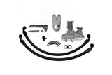 Automotive brake line kit with hoses, brackets, and aluminum fittings on white background