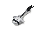 Silver aluminum control arm with black rubber bushings for European vehicle suspension.