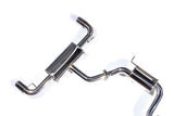 Polished stainless steel performance exhaust system for European vehicles on a white background