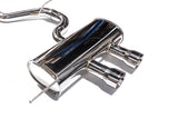 Polished stainless steel dual exhaust muffler with curved inlet pipe for performance vehicles