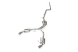 Stainless steel dual exhaust system for European cars, featuring polished mufflers and tailpipes.