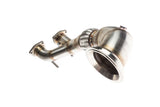Stainless steel performance turbo downpipe for German automotive exhaust systems.