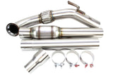 Stainless steel performance exhaust system kit with resonator and mounting clamps.