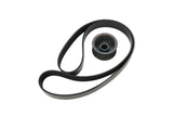 Black rubber serpentine belt and pulley component for German auto engine maintenance.