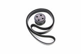 Replacement serpentine belt and pulley assembly for German auto engine maintenance.