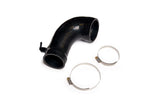 Black curved automotive air intake hose with two metal hose clamps on a white background.