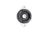 Black rubber engine mount with silver metal flange for German auto repair.