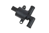 Black plastic coolant temperature sensor with two hose connections and mounting holes