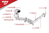 Stainless steel universal fit exhaust downpipe with catalytic converter and flex section.