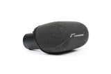 Black foam microphone windscreen cover on a white background.
