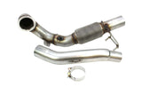 Stainless steel performance exhaust downpipe with integrated catalytic converter and clamp.