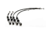 Set of four black braided stainless steel brake lines for Volkswagen and Audi vehicles.
